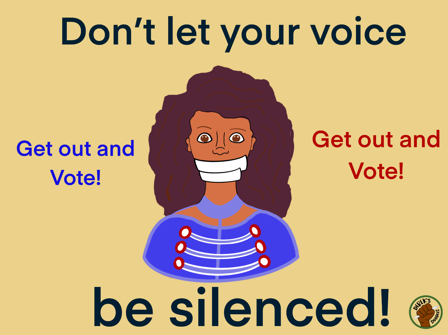 Mujer con cinta adhesiva sobre la boca diciendo No dejes que tu voz sea silenciada